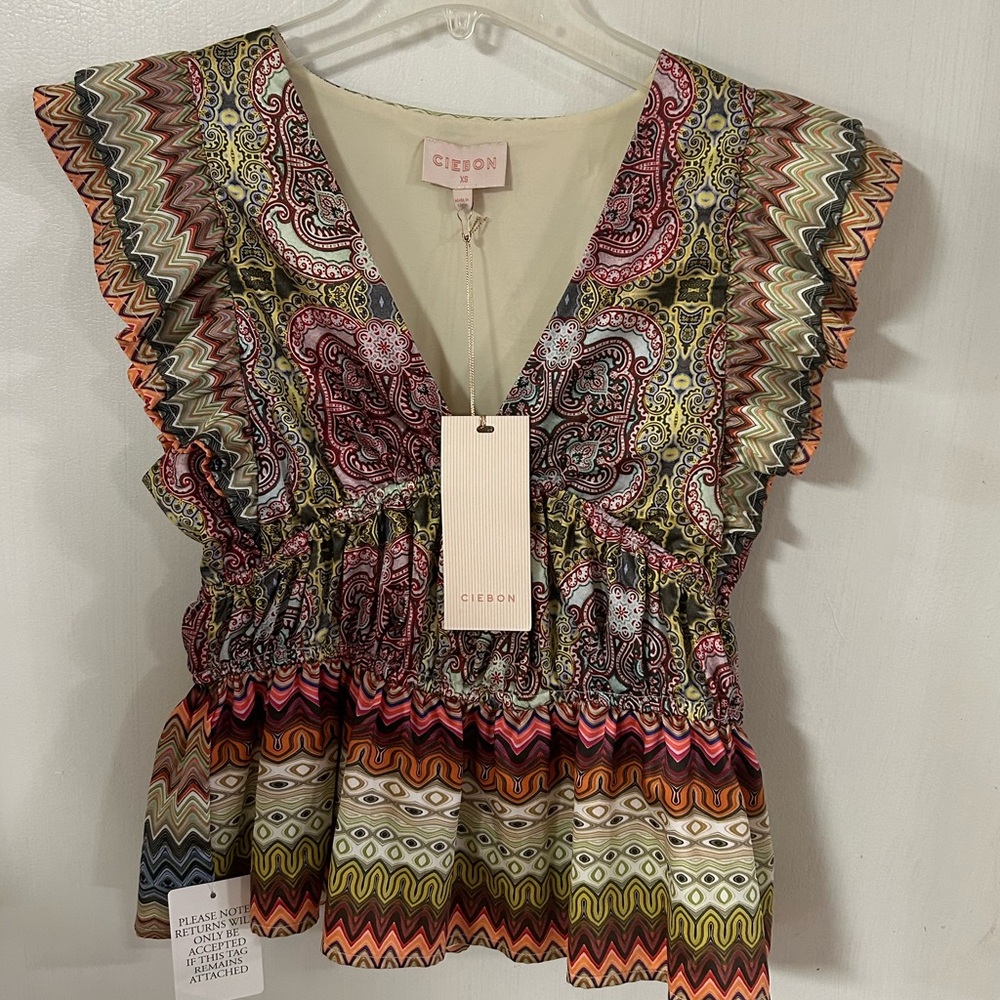NEW CIEBON joulie satin shirred waist flutter top in multicolored Size XS NWT
